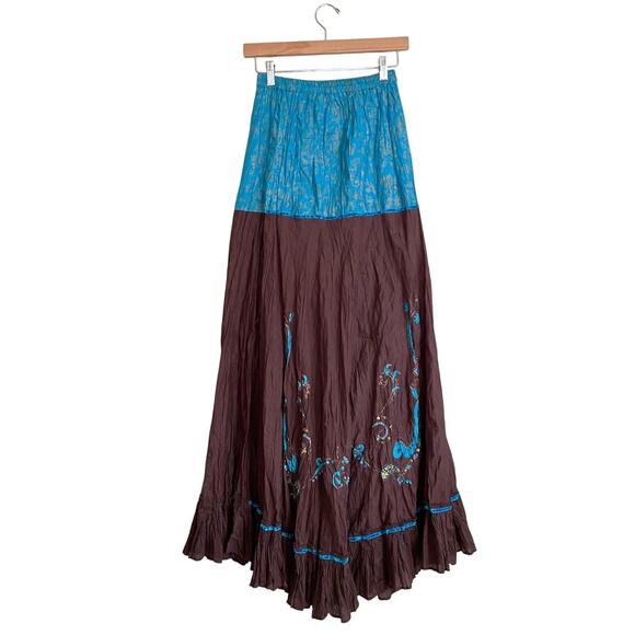 y2k embroidered sequined blue and brown fairycore maxi skirt boho hippie xs / s - Picture 1 of 4